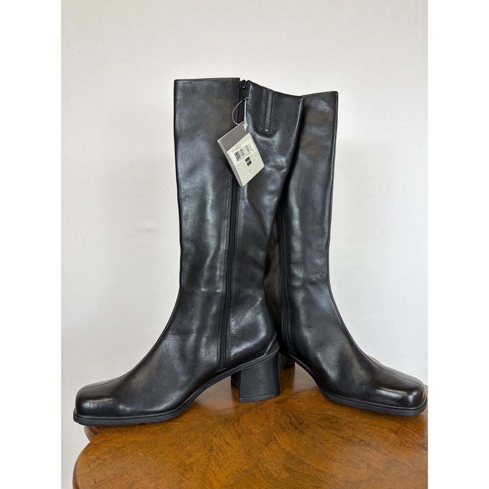 ECCO Black Leather Knee High Boots Chunky Heel Side Zip Square Toe Size 8 Brazil - Picture 3 of 10